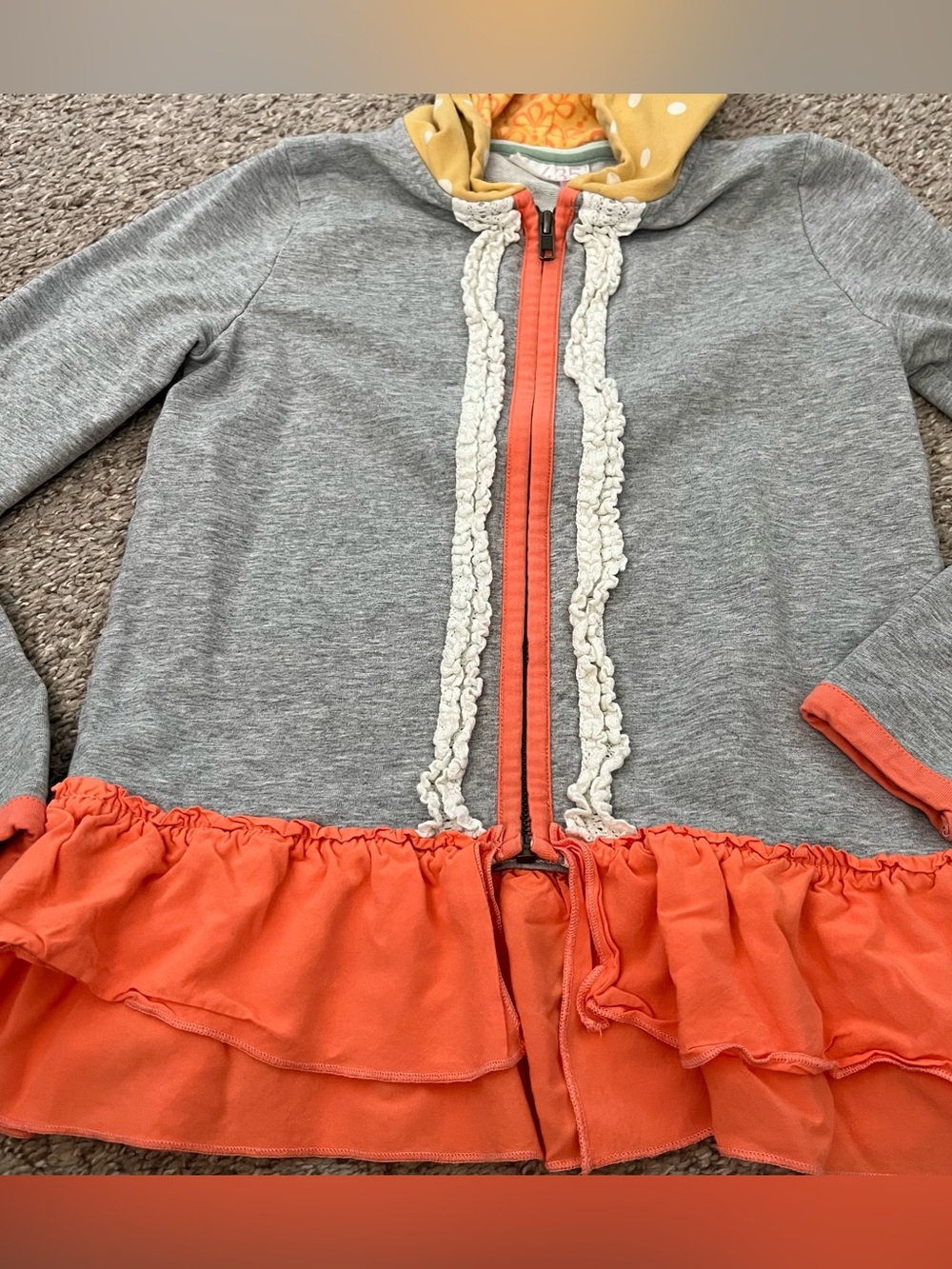 Girls Gray Hoodie with Coral Ruffle Trim